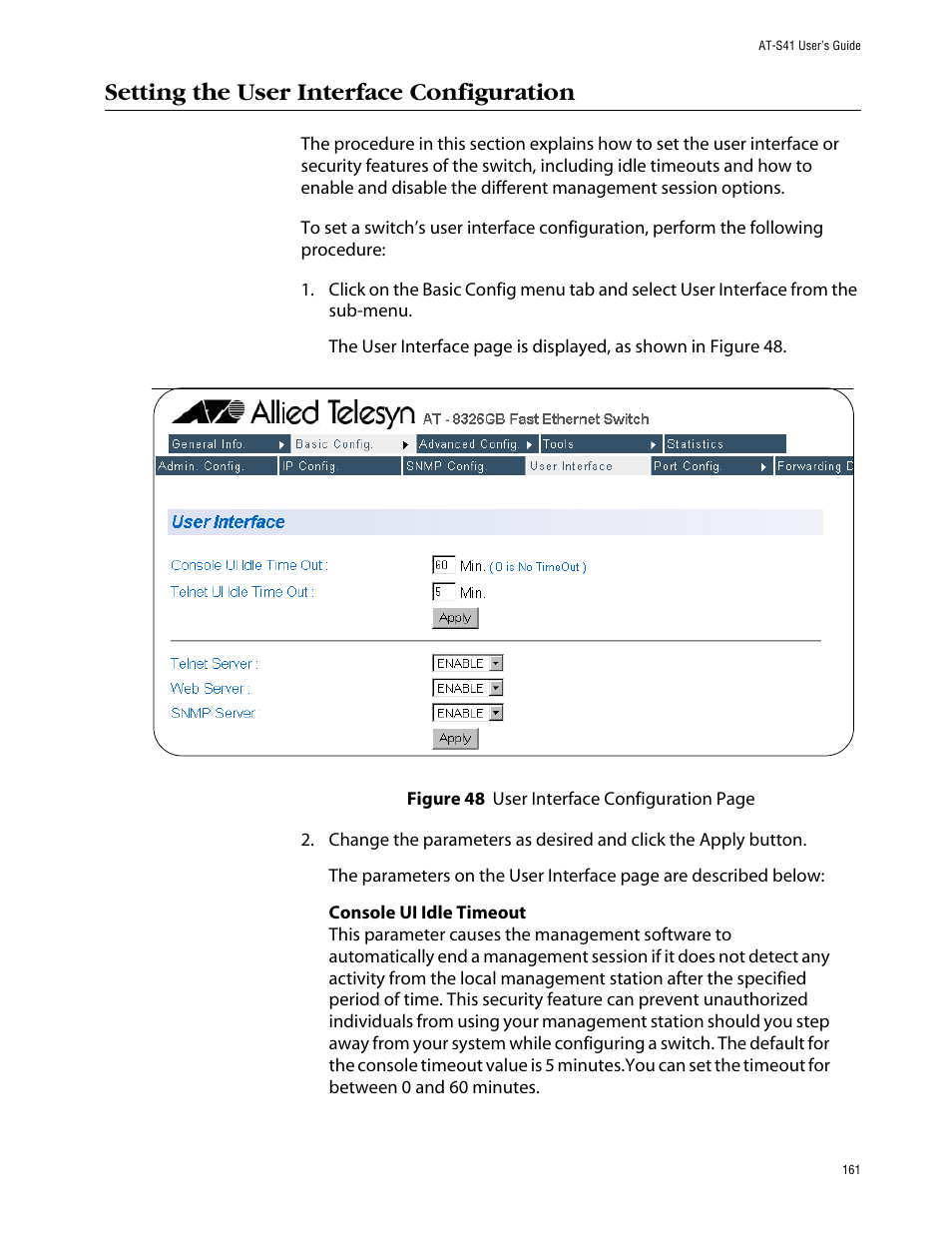 Setting the user interface configuration | Allied Telesis AT-S41 User Manual | Page 161 / 236