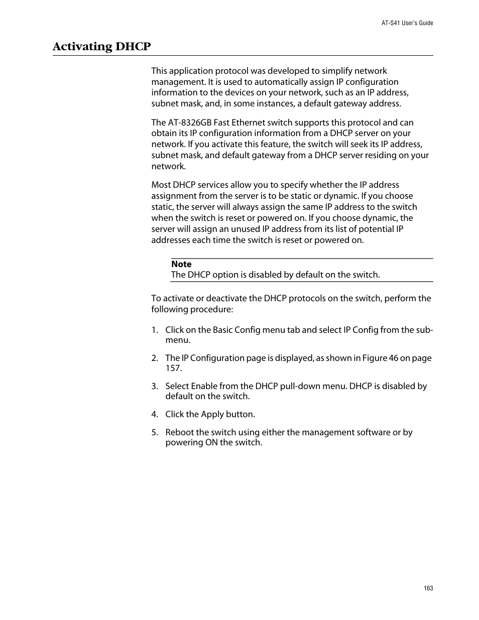 Activating dhcp | Allied Telesis AT-S41 User Manual | Page 163 / 236