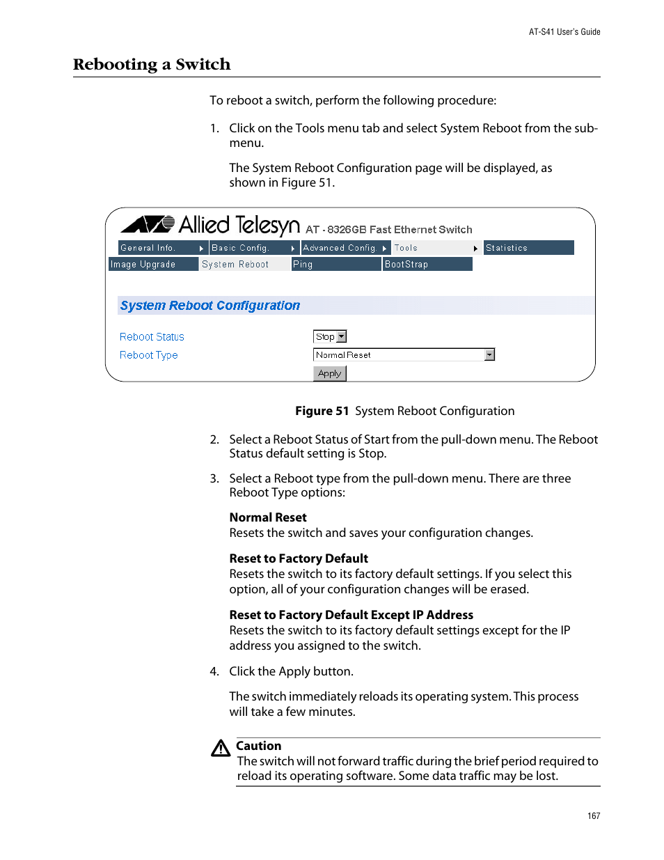 Rebooting a switch | Allied Telesis AT-S41 User Manual | Page 167 / 236