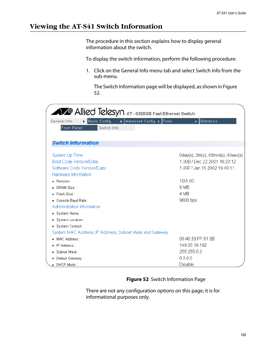 Viewing the at-s41 switch information | Allied Telesis AT-S41 User Manual | Page 168 / 236