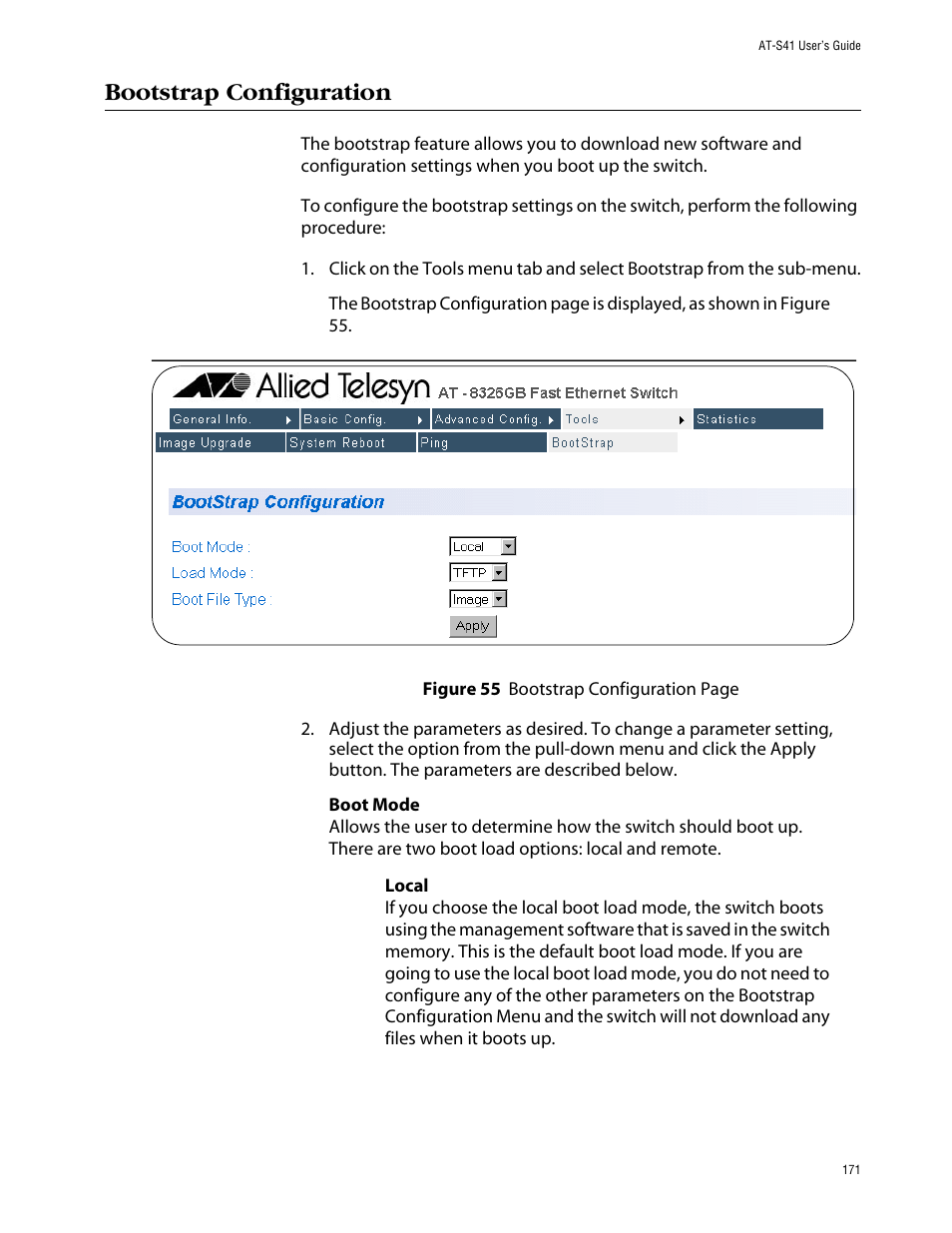 Bootstrap configuration | Allied Telesis AT-S41 User Manual | Page 171 / 236