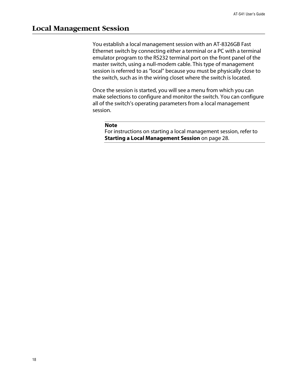 Local management session | Allied Telesis AT-S41 User Manual | Page 18 / 236