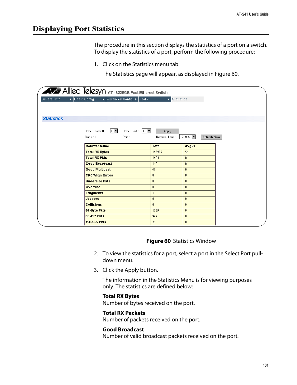 Displaying port statistics | Allied Telesis AT-S41 User Manual | Page 181 / 236