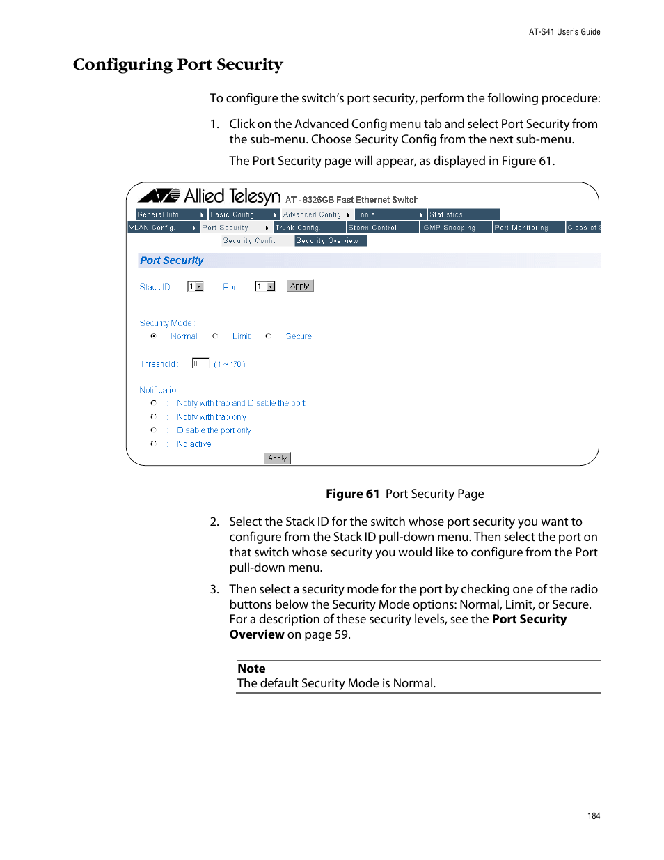 Configuring port security | Allied Telesis AT-S41 User Manual | Page 184 / 236