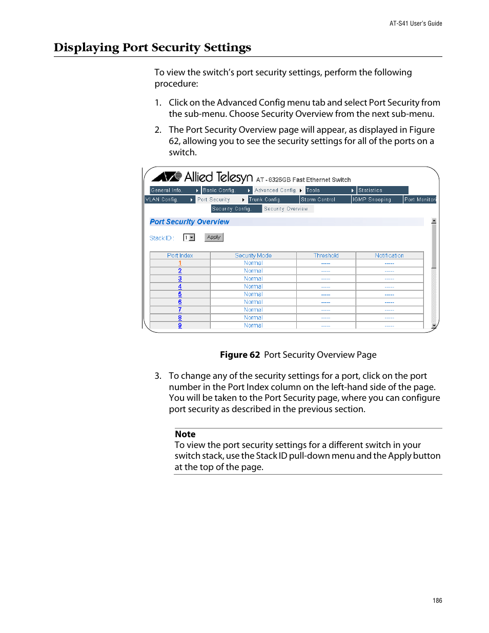 Displaying port security settings | Allied Telesis AT-S41 User Manual | Page 186 / 236
