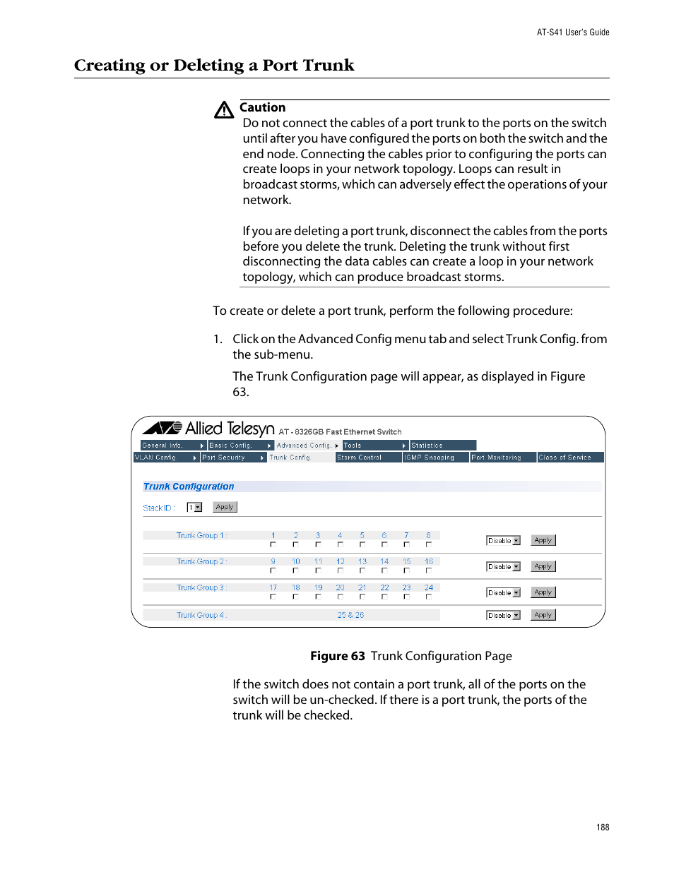 Creating or deleting a port trunk | Allied Telesis AT-S41 User Manual | Page 188 / 236