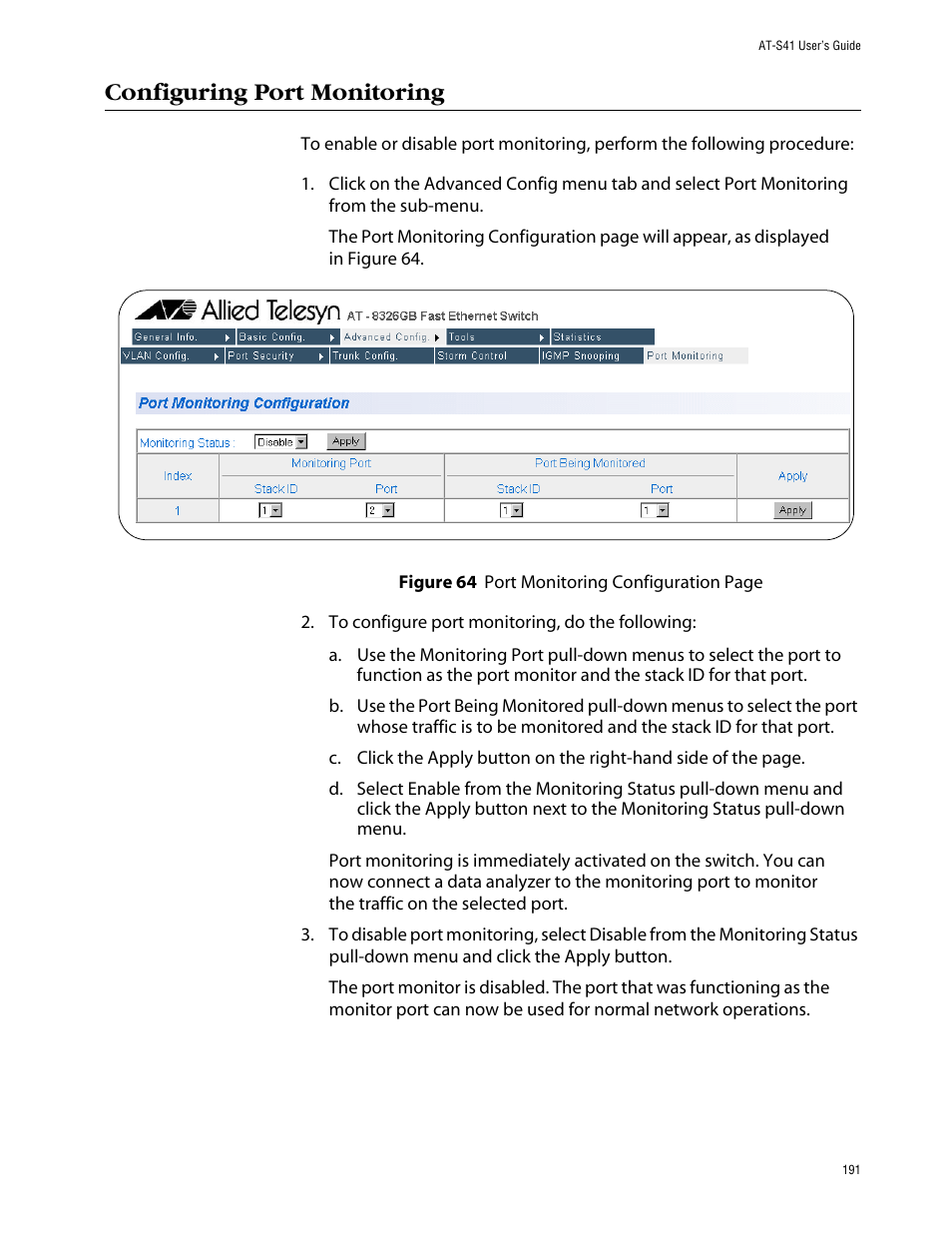 Configuring port monitoring | Allied Telesis AT-S41 User Manual | Page 191 / 236