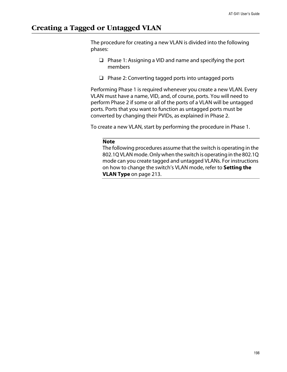 Creating a tagged or untagged vlan | Allied Telesis AT-S41 User Manual | Page 198 / 236