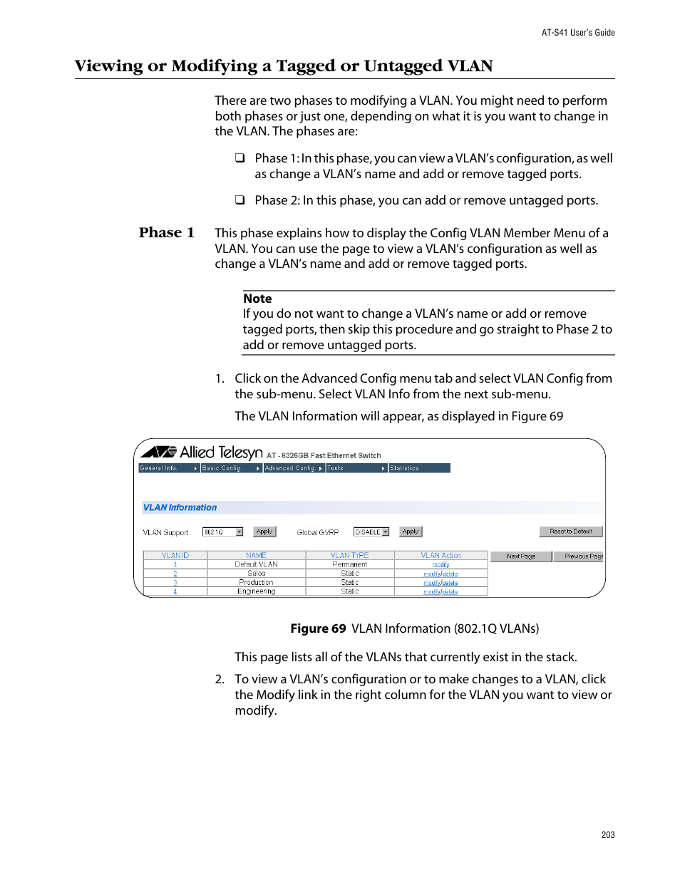 Viewing or modifying a tagged or untagged vlan, Phase 1 | Allied Telesis AT-S41 User Manual | Page 203 / 236