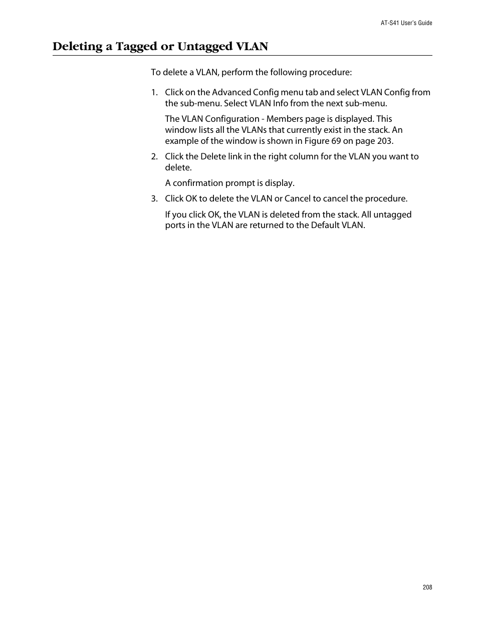 Deleting a tagged or untagged vlan | Allied Telesis AT-S41 User Manual | Page 208 / 236