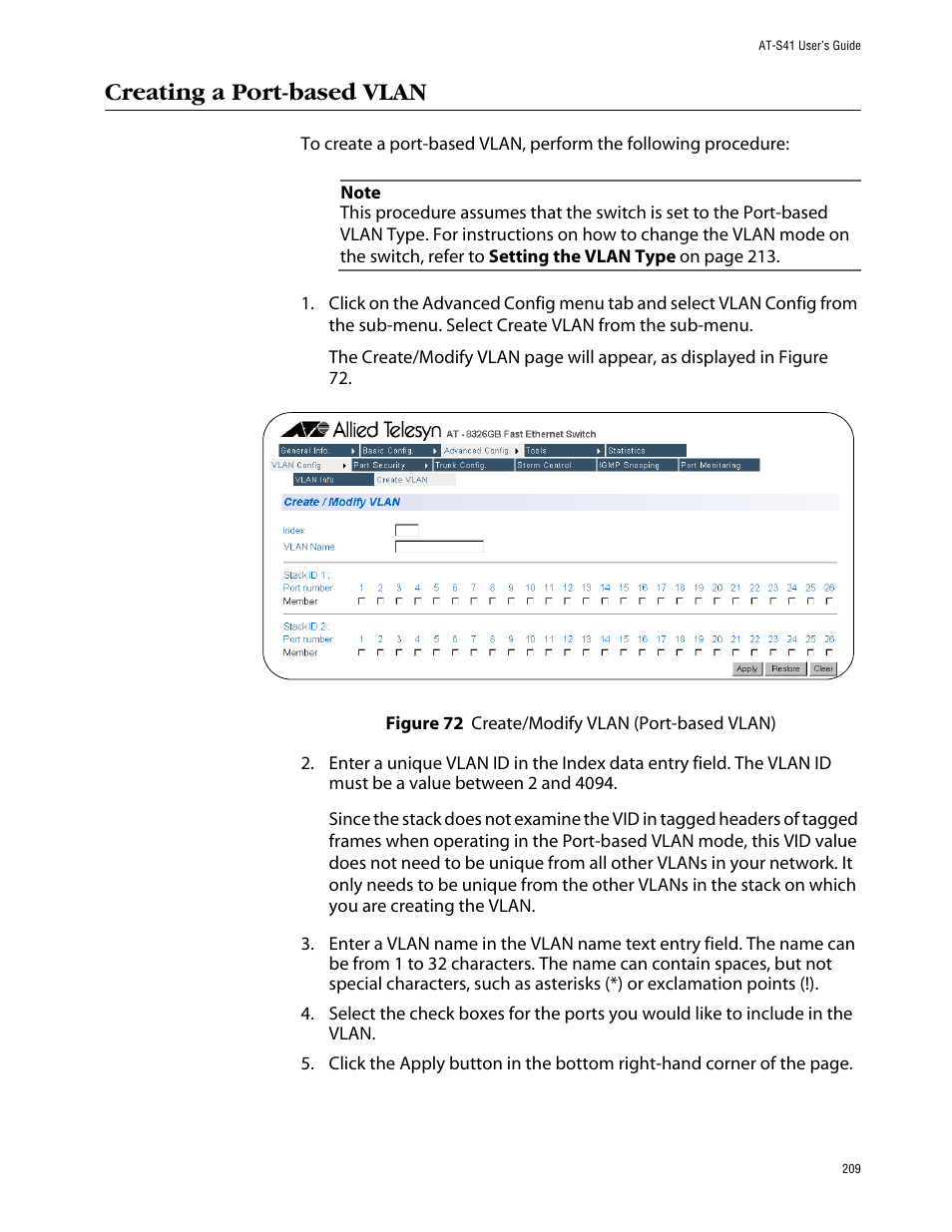 Creating a port-based vlan | Allied Telesis AT-S41 User Manual | Page 209 / 236