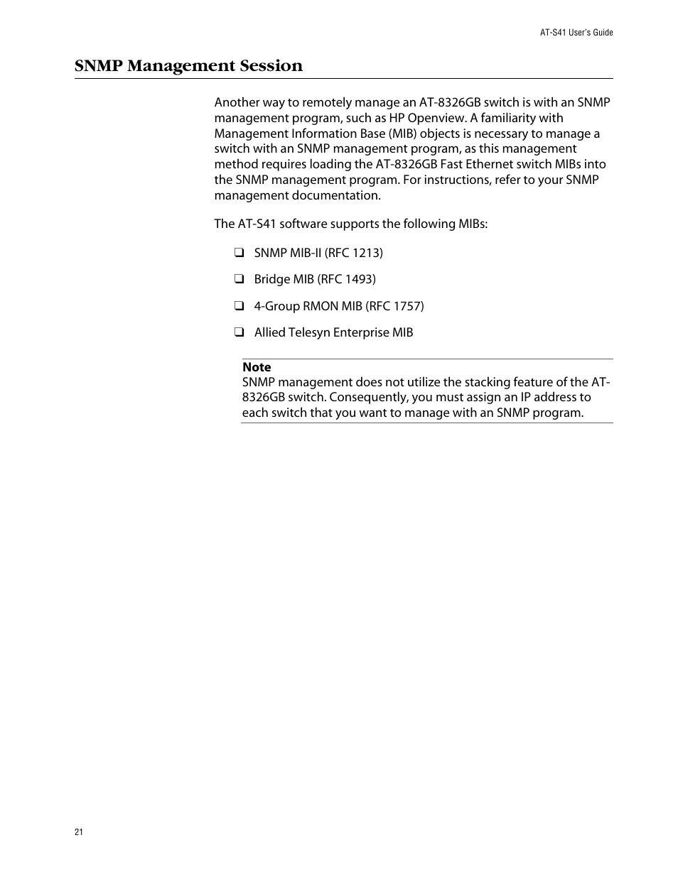 Snmp management session | Allied Telesis AT-S41 User Manual | Page 21 / 236