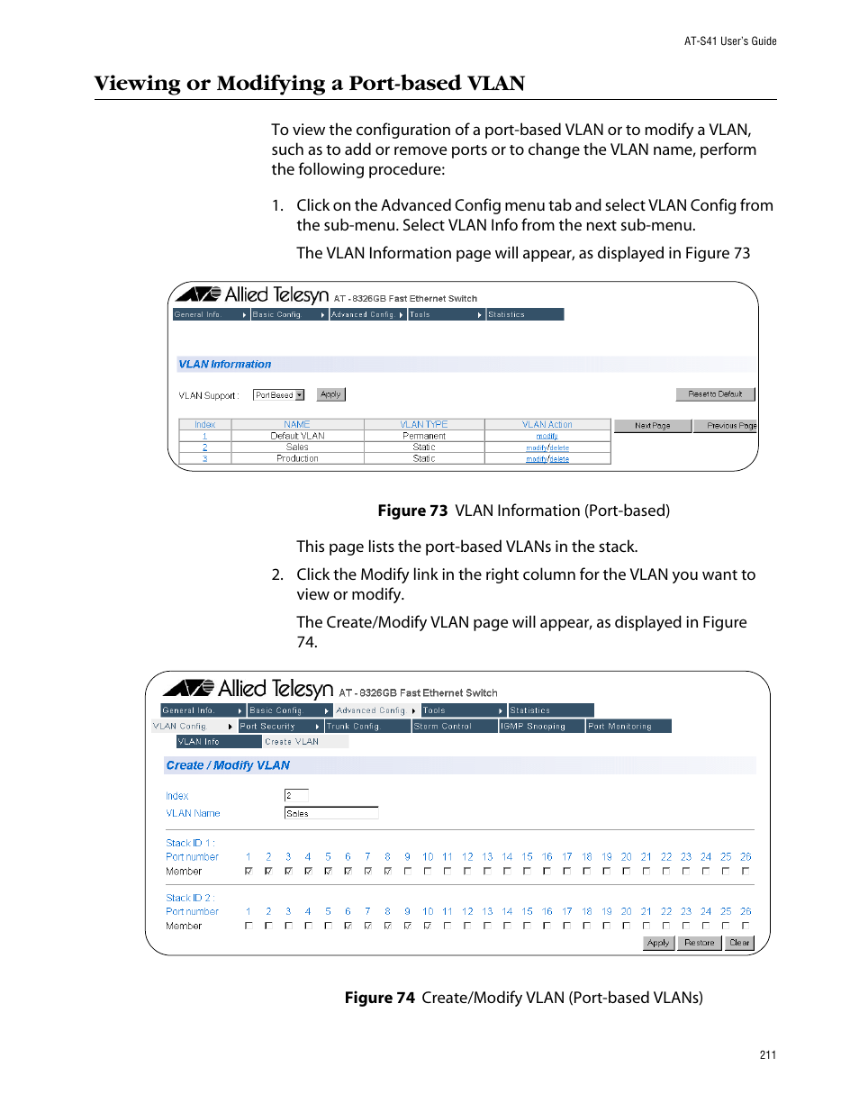 Viewing or modifying a port-based vlan | Allied Telesis AT-S41 User Manual | Page 211 / 236