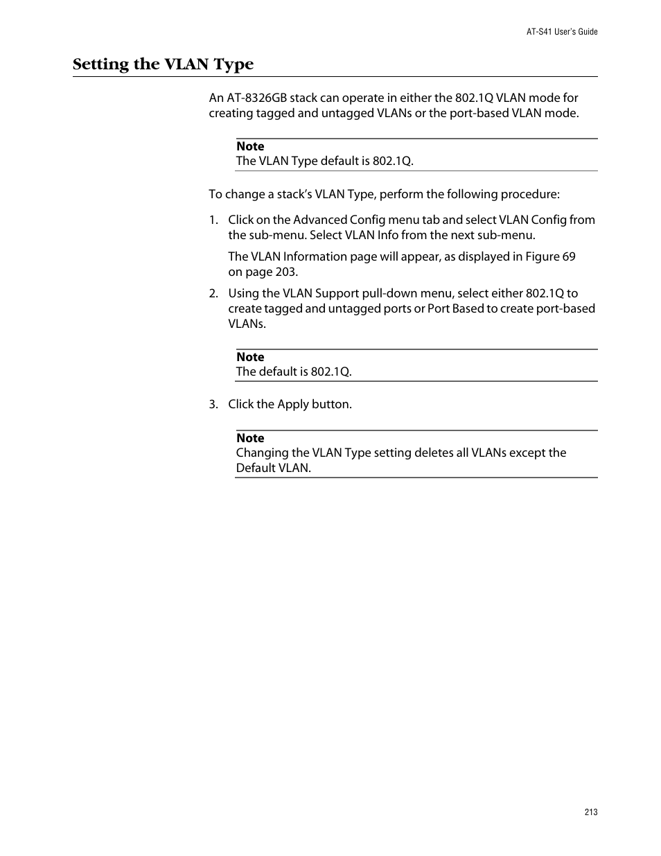 Setting the vlan type | Allied Telesis AT-S41 User Manual | Page 213 / 236