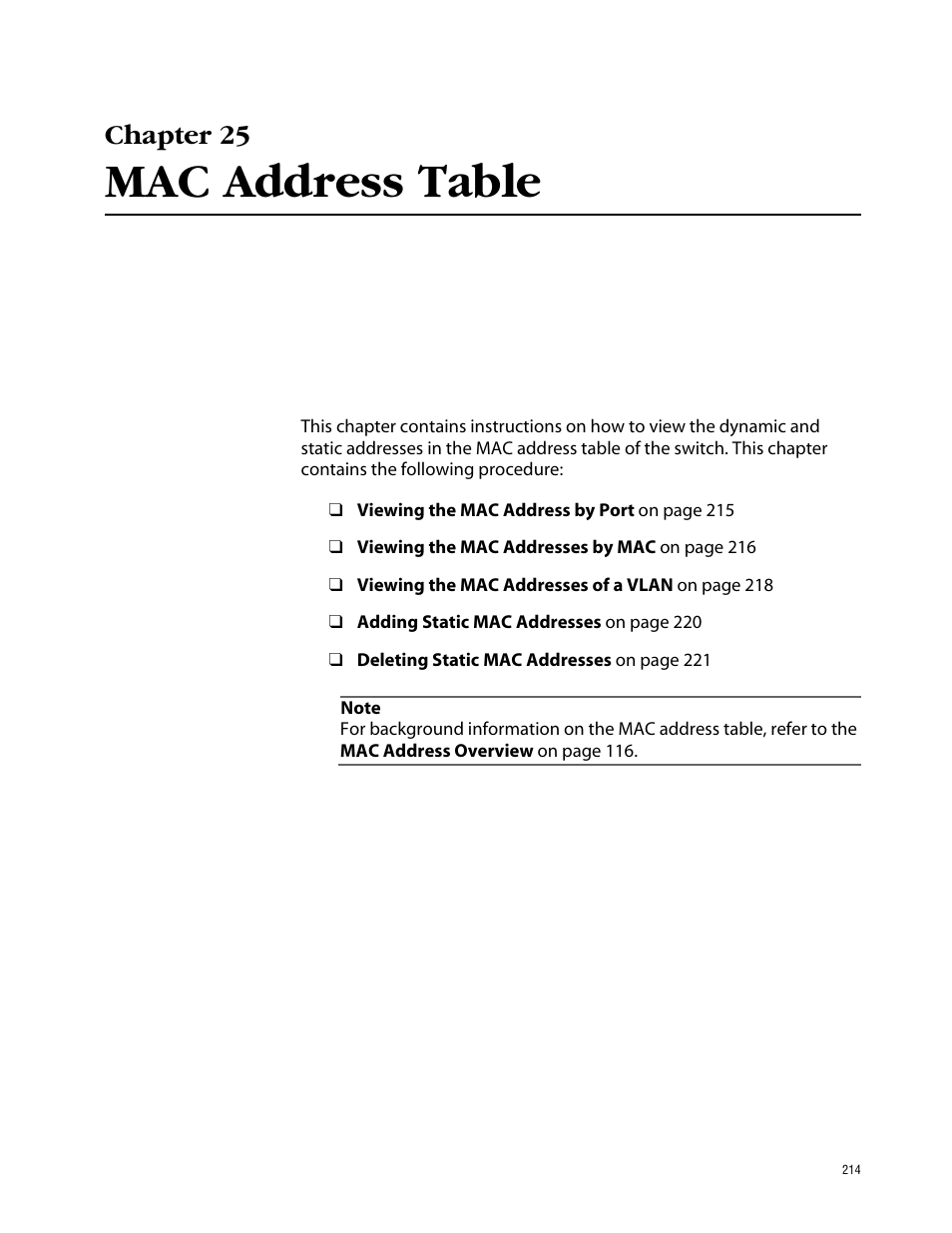 Chapter 25, Mac address table | Allied Telesis AT-S41 User Manual | Page 214 / 236