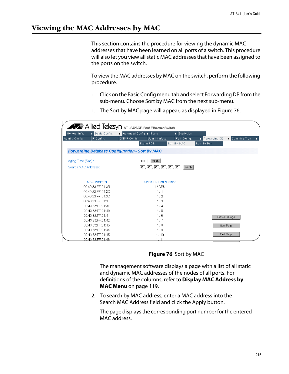 Viewing the mac addresses by mac | Allied Telesis AT-S41 User Manual | Page 216 / 236