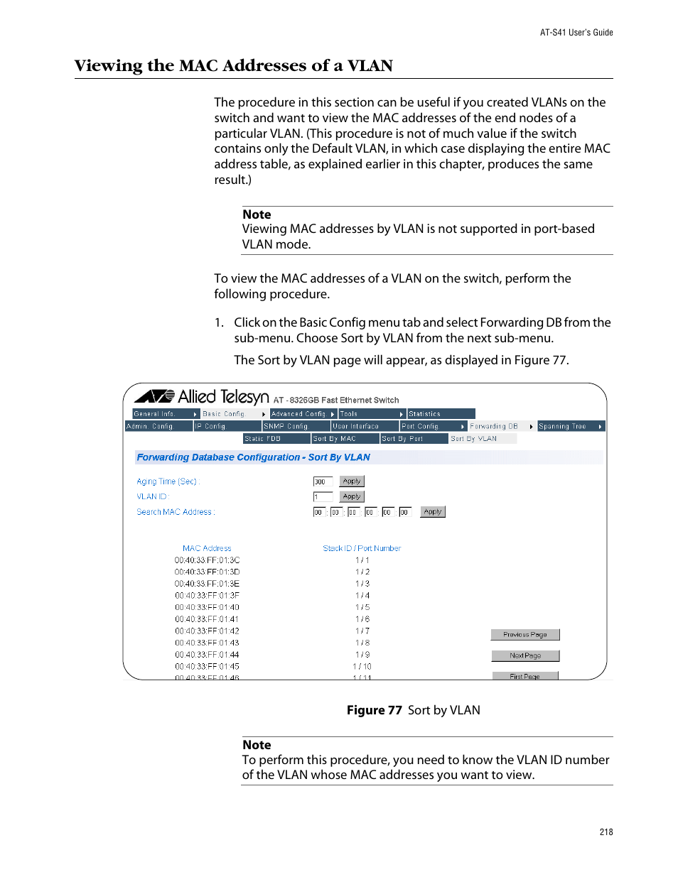 Viewing the mac addresses of a vlan | Allied Telesis AT-S41 User Manual | Page 218 / 236