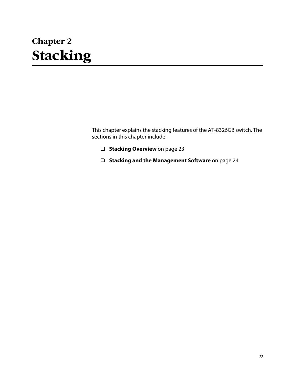 Chapter 2, Stacking | Allied Telesis AT-S41 User Manual | Page 22 / 236