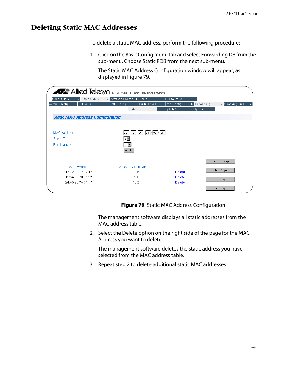 Deleting static mac addresses | Allied Telesis AT-S41 User Manual | Page 221 / 236