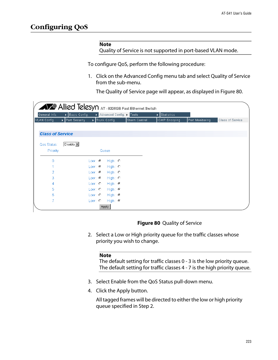 Configuring qos | Allied Telesis AT-S41 User Manual | Page 223 / 236