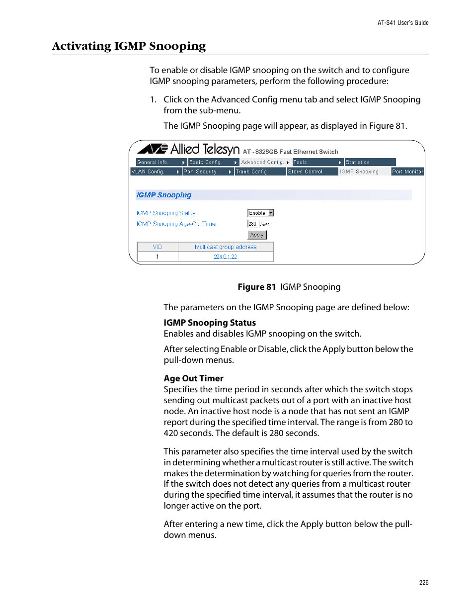 Activating igmp snooping | Allied Telesis AT-S41 User Manual | Page 226 / 236