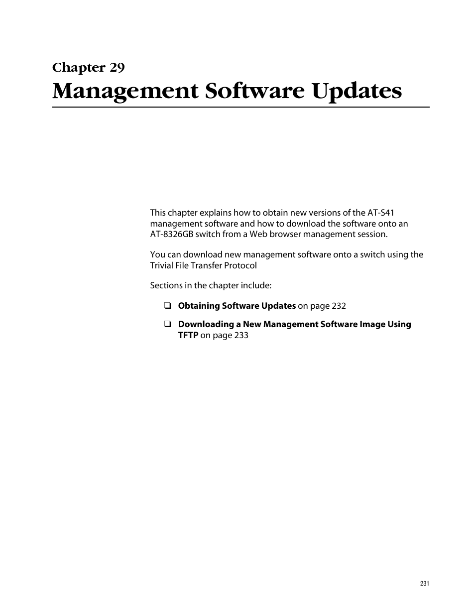 Chapter 29, Management software updates | Allied Telesis AT-S41 User Manual | Page 231 / 236
