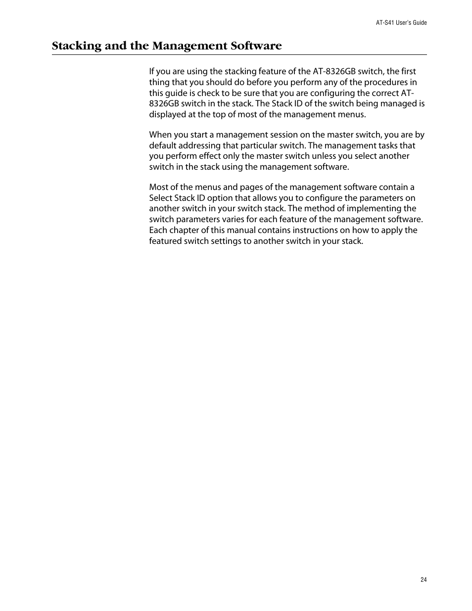 Stacking and the management software | Allied Telesis AT-S41 User Manual | Page 24 / 236