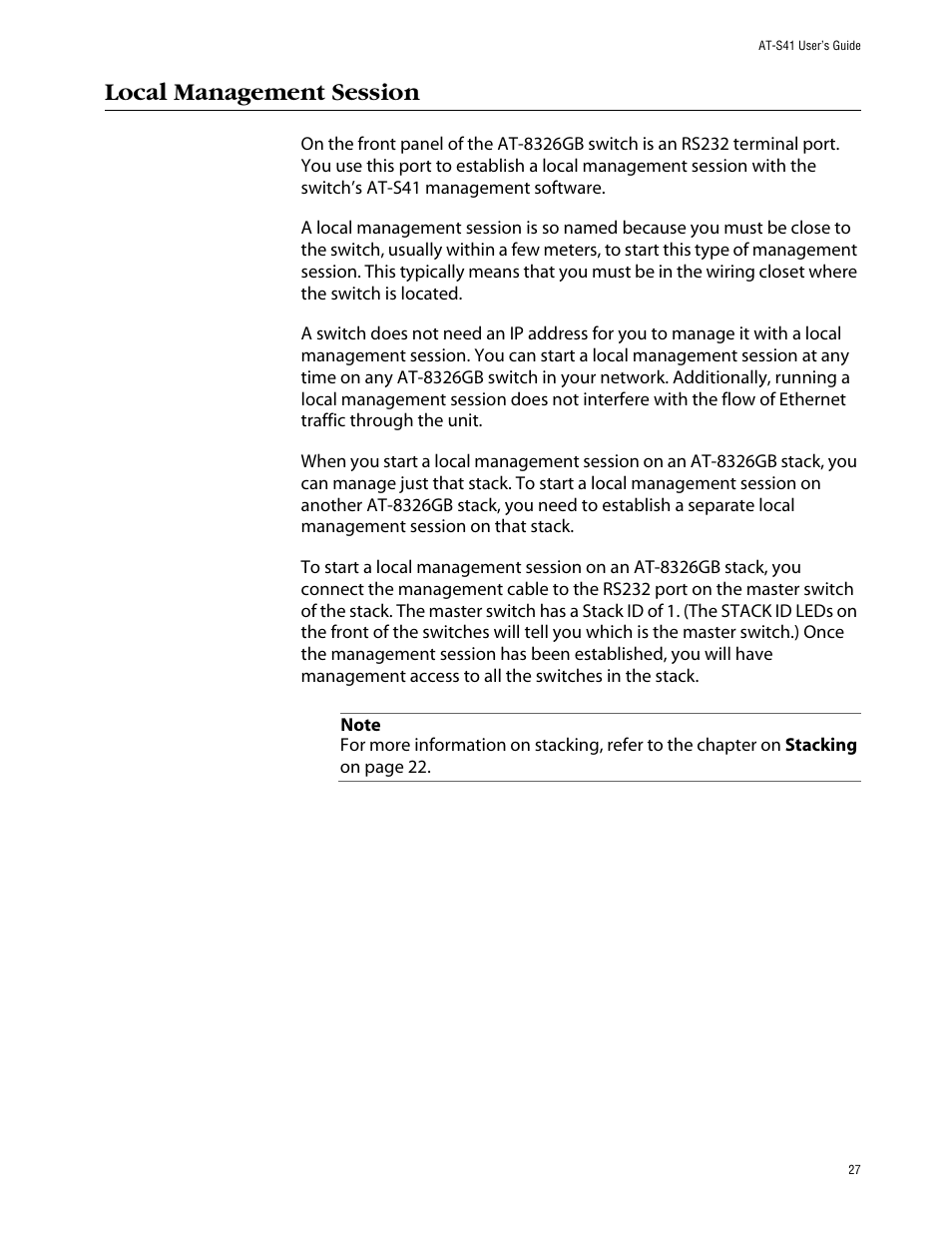 Local management session | Allied Telesis AT-S41 User Manual | Page 27 / 236