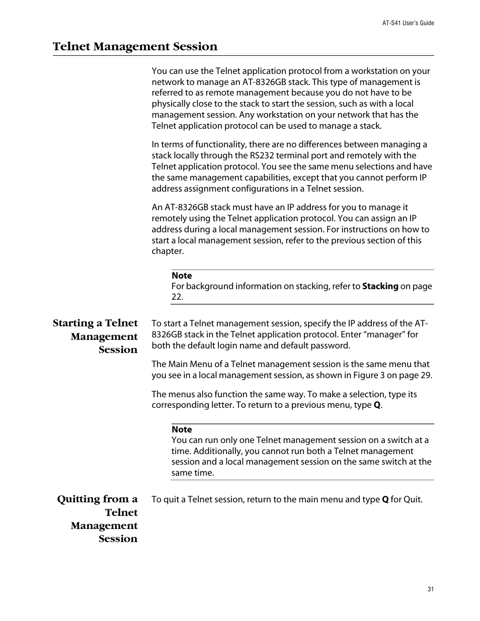 Telnet management session, Starting a telnet management session, Quitting from a telnet management session | Allied Telesis AT-S41 User Manual | Page 31 / 236