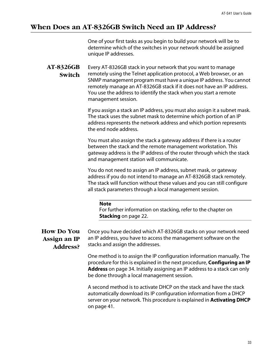 When does an at-8326gb switch need an ip address, At-8326gb switch, How do you assign an ip address | At-8326gb switch how do you assign an ip address | Allied Telesis AT-S41 User Manual | Page 33 / 236