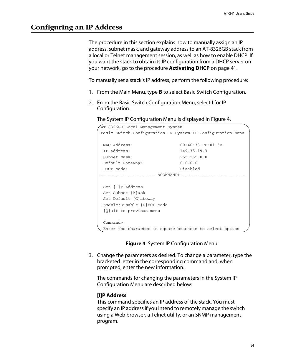 Configuring an ip address | Allied Telesis AT-S41 User Manual | Page 34 / 236