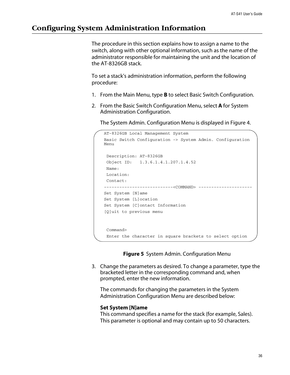 Configuring system administration information | Allied Telesis AT-S41 User Manual | Page 36 / 236