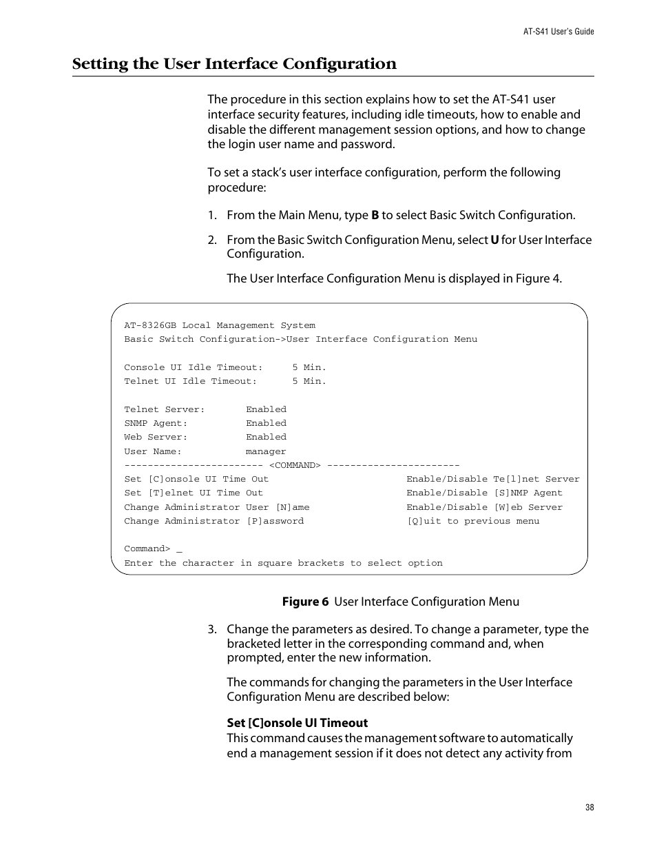 Setting the user interface configuration | Allied Telesis AT-S41 User Manual | Page 38 / 236