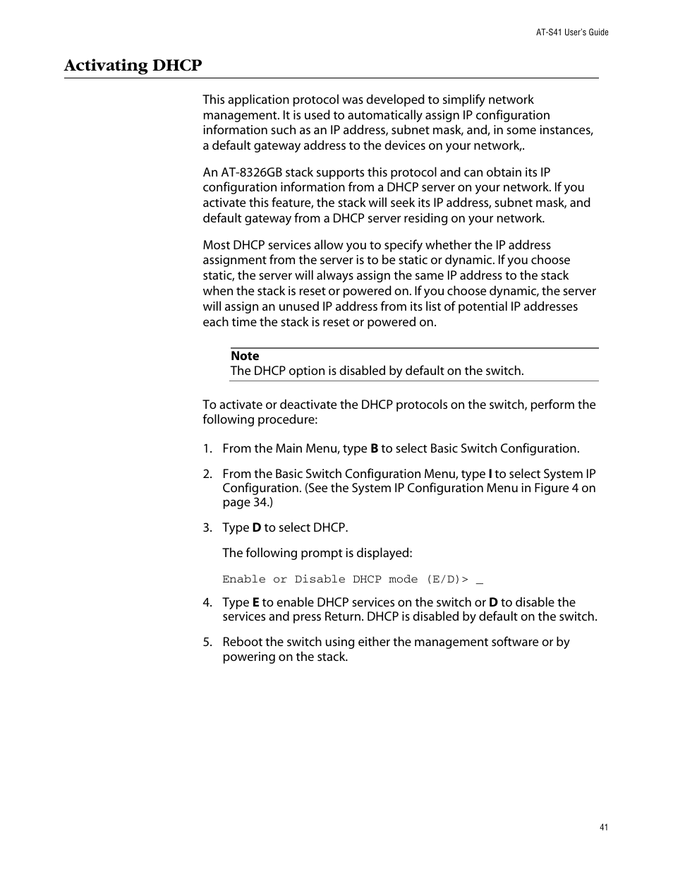 Activating dhcp | Allied Telesis AT-S41 User Manual | Page 41 / 236