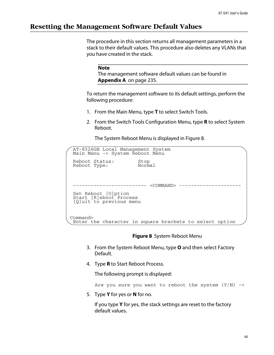 Resetting the management software default values | Allied Telesis AT-S41 User Manual | Page 44 / 236