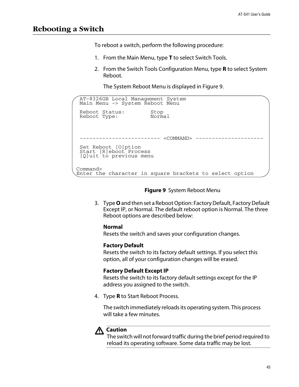 Rebooting a switch | Allied Telesis AT-S41 User Manual | Page 45 / 236