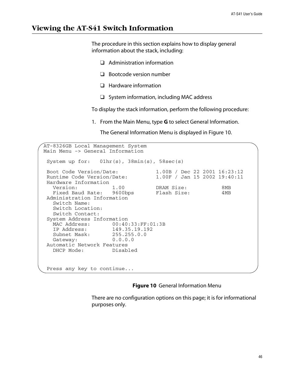 Viewing the at-s41 switch information | Allied Telesis AT-S41 User Manual | Page 46 / 236