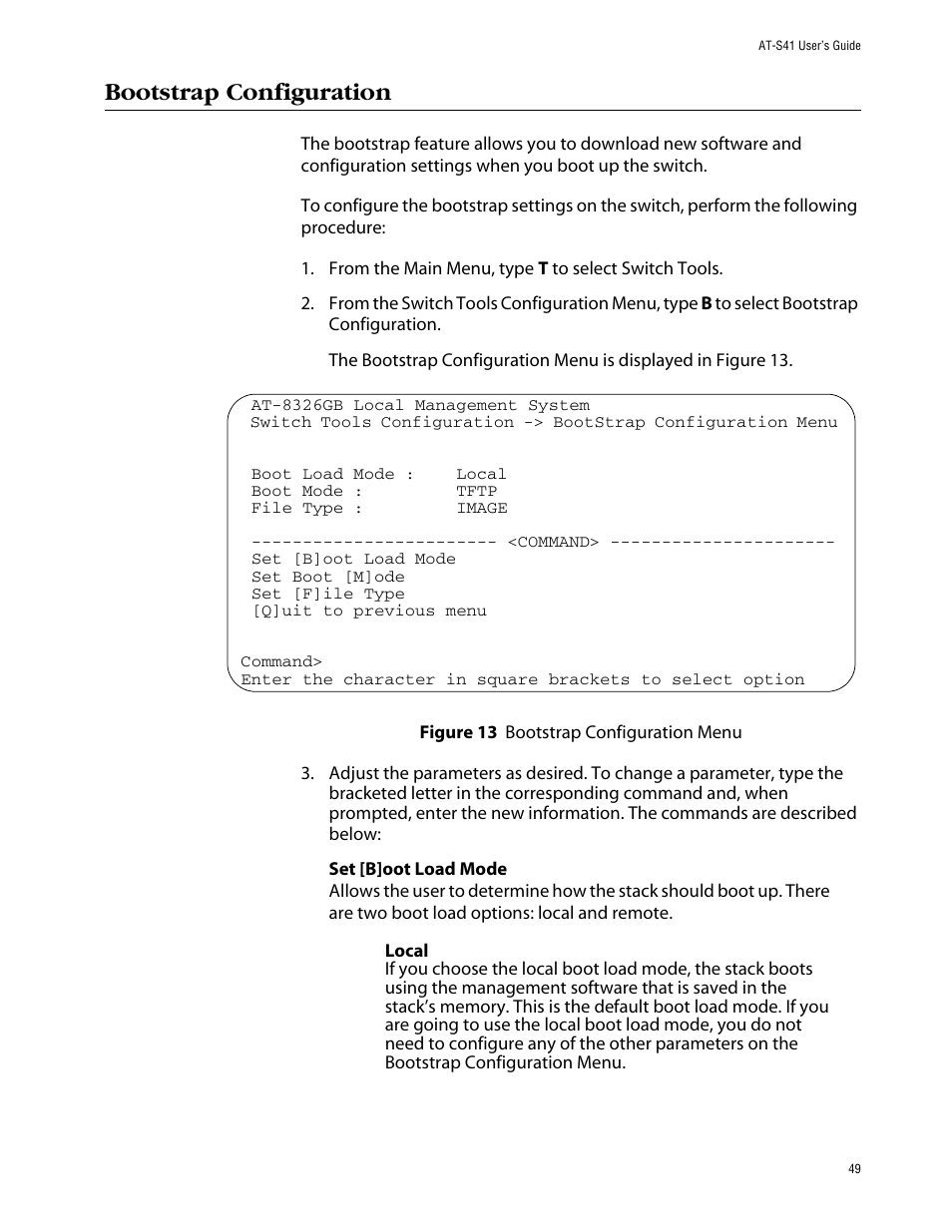 Bootstrap configuration | Allied Telesis AT-S41 User Manual | Page 49 / 236