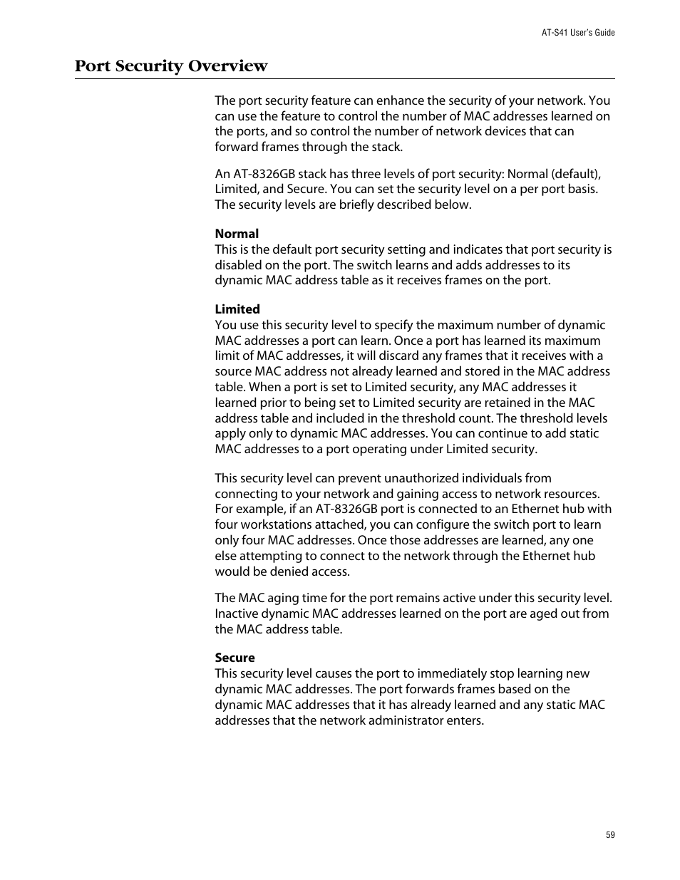 Port security overview | Allied Telesis AT-S41 User Manual | Page 59 / 236
