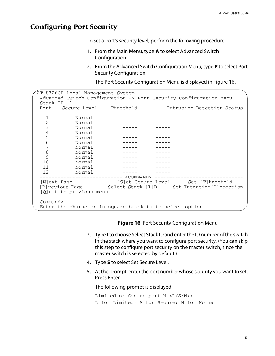 Configuring port security | Allied Telesis AT-S41 User Manual | Page 61 / 236