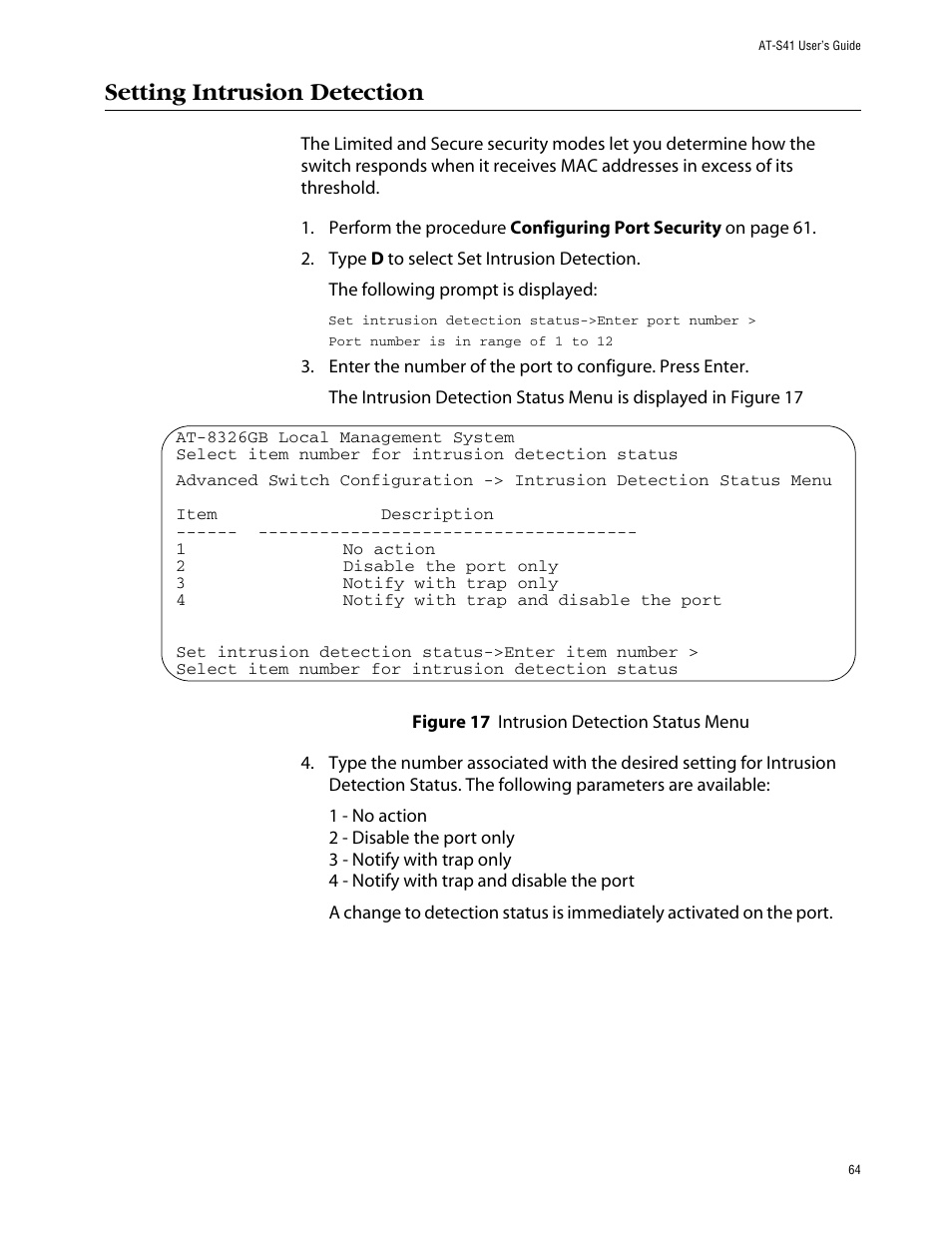 Setting intrusion detection | Allied Telesis AT-S41 User Manual | Page 64 / 236