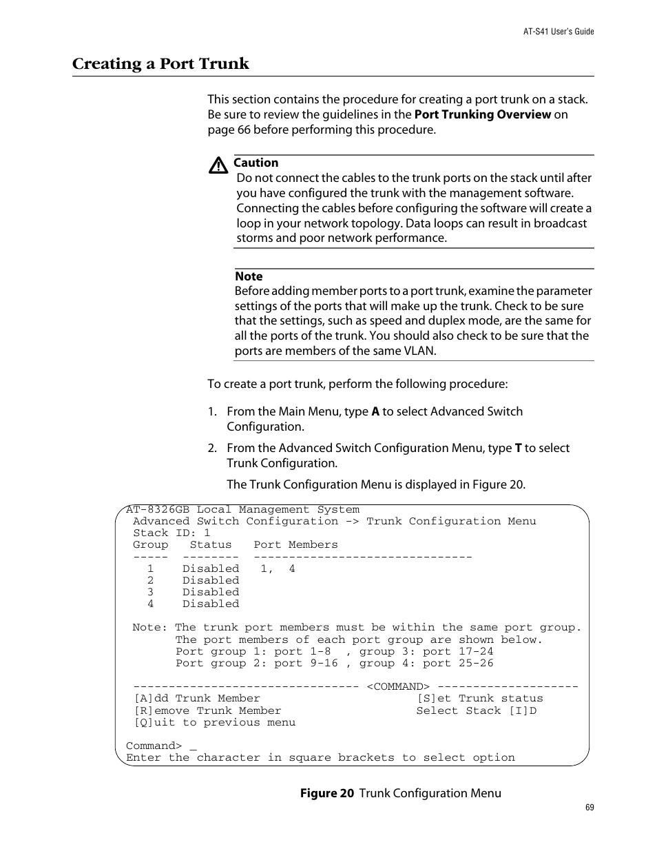 Creating a port trunk | Allied Telesis AT-S41 User Manual | Page 69 / 236