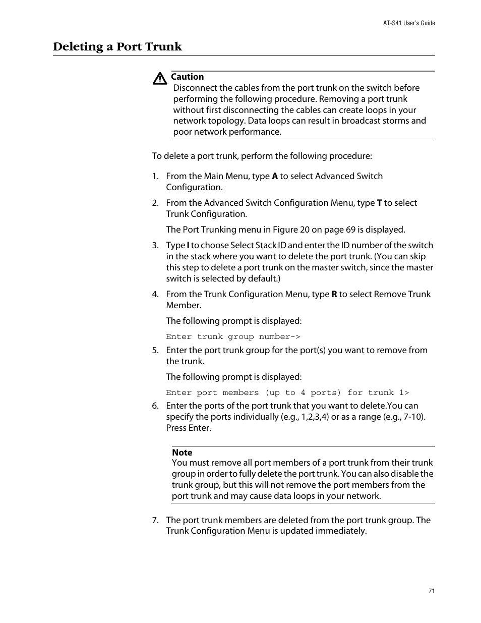 Deleting a port trunk | Allied Telesis AT-S41 User Manual | Page 71 / 236