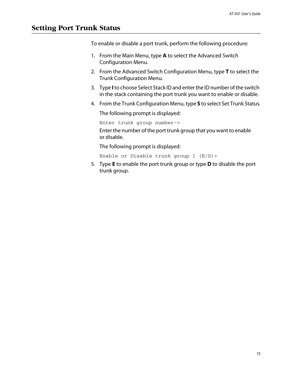 Setting port trunk status | Allied Telesis AT-S41 User Manual | Page 72 / 236