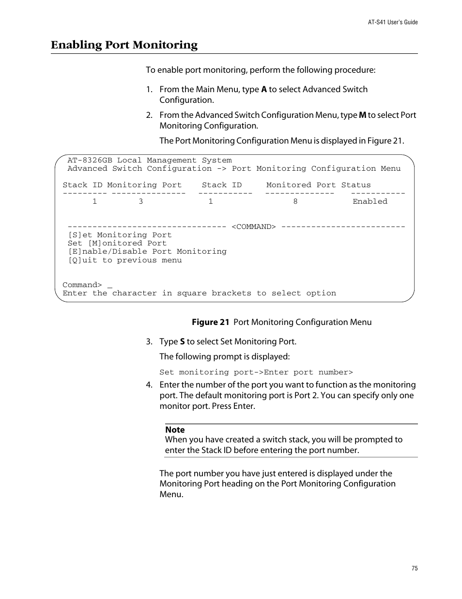 Enabling port monitoring | Allied Telesis AT-S41 User Manual | Page 75 / 236