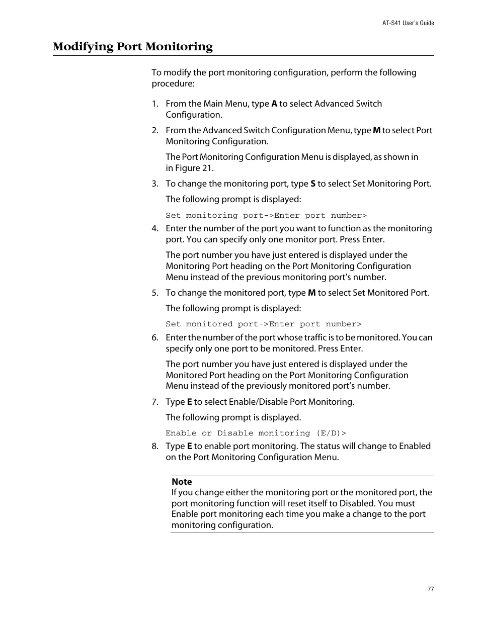 Modifying port monitoring | Allied Telesis AT-S41 User Manual | Page 77 / 236