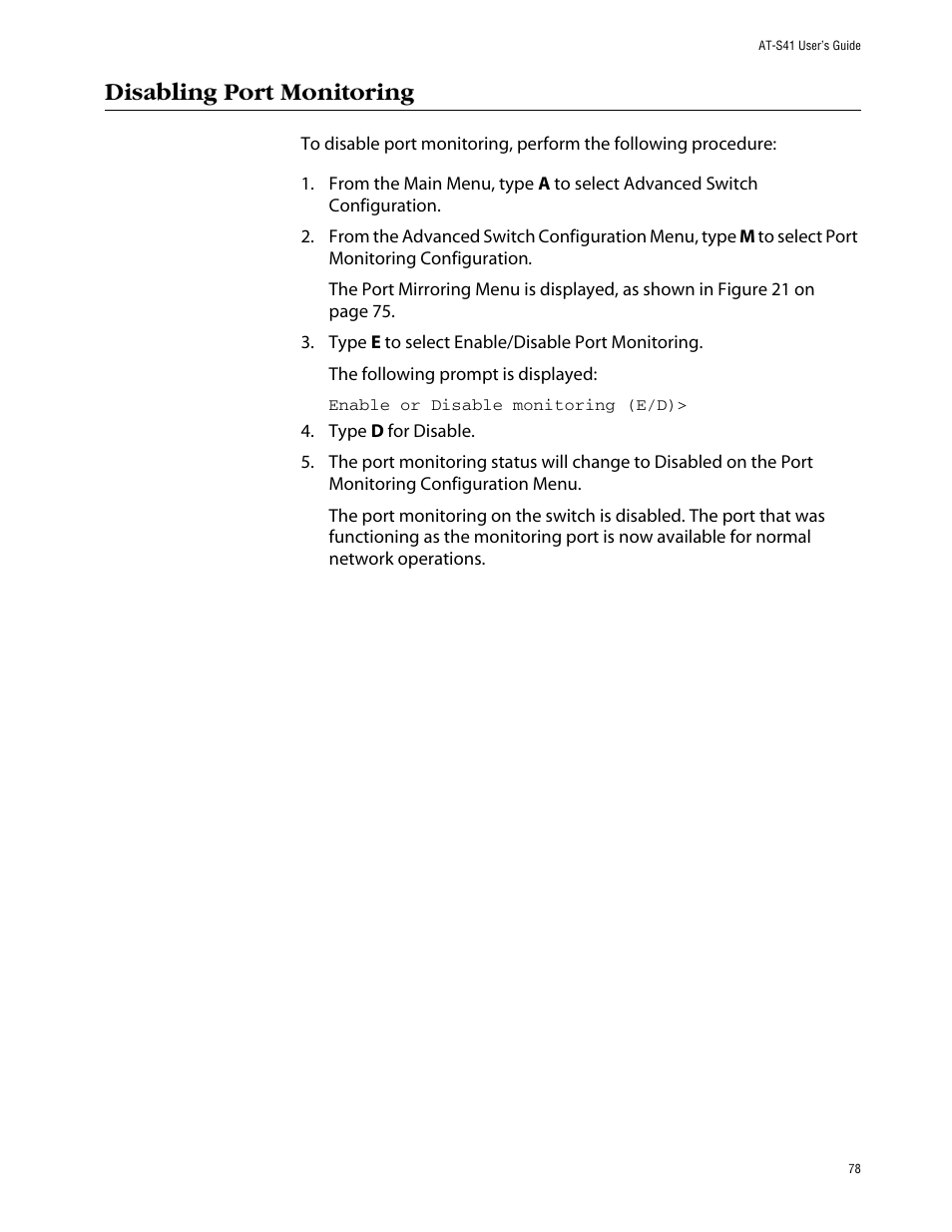 Disabling port monitoring | Allied Telesis AT-S41 User Manual | Page 78 / 236
