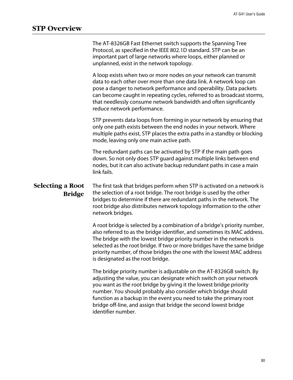 Stp overview, Selecting a root bridge | Allied Telesis AT-S41 User Manual | Page 80 / 236