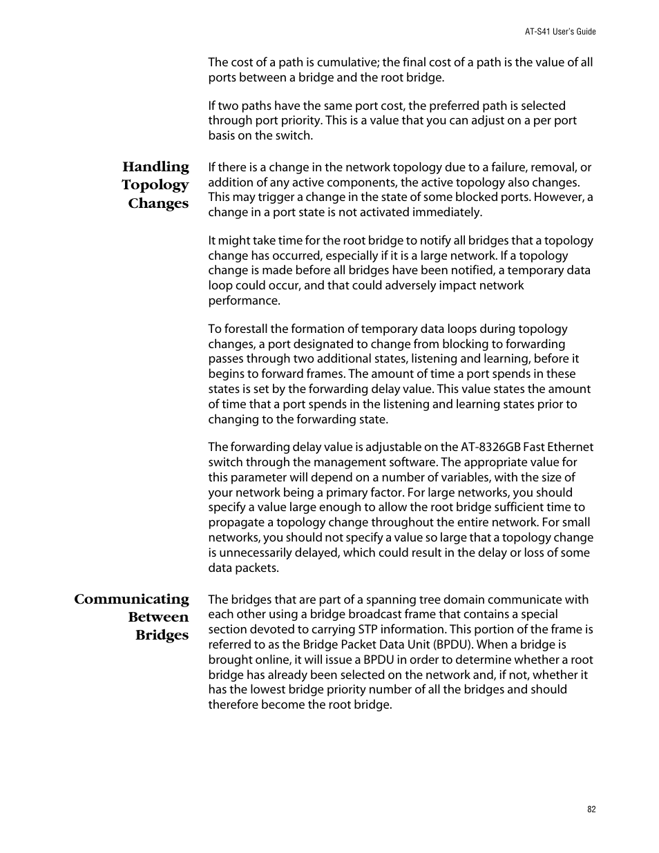 Handling topology changes, Communicating between bridges | Allied Telesis AT-S41 User Manual | Page 82 / 236