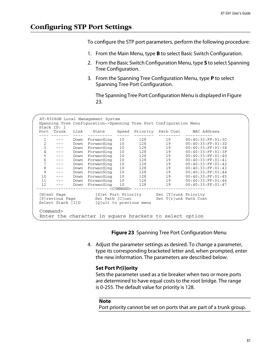 Configuring stp port settings | Allied Telesis AT-S41 User Manual | Page 87 / 236